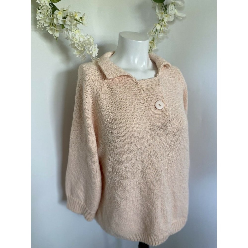 Vintage 90s Shenanigans Hand Knit Peach Sweater Womens Large 3/4 Sleeves‎ Button